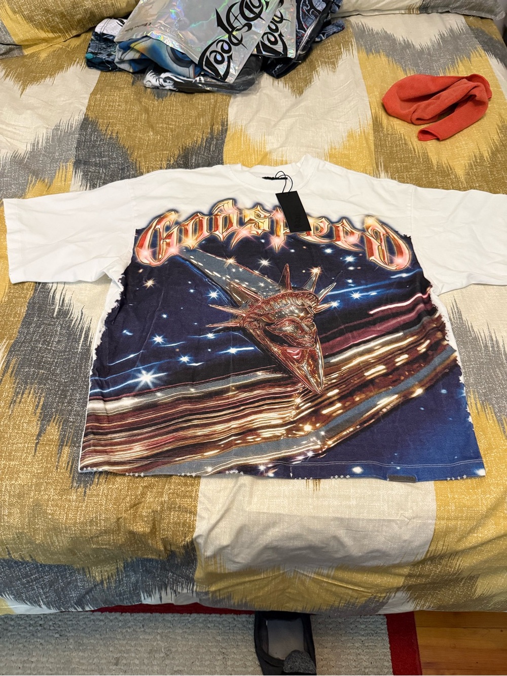 Godspeed White Short Sleeve Graphic Tee with Night Sky & Metallic Emblem